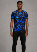 Man wearing a blue and black patterned t-shirt with 'ATHLIQ' branding on a gray background