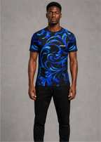 Man wearing a blue and black patterned t-shirt with 'ATHLIQ' branding on a gray background
