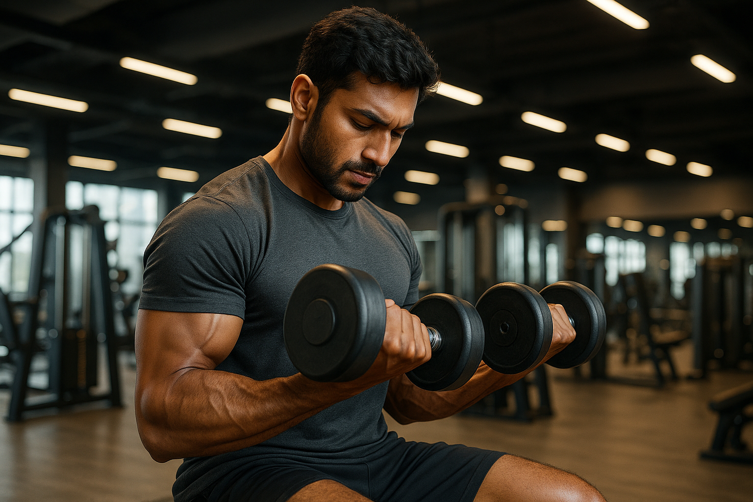 make it like hes doing bicep curls and hes looking down